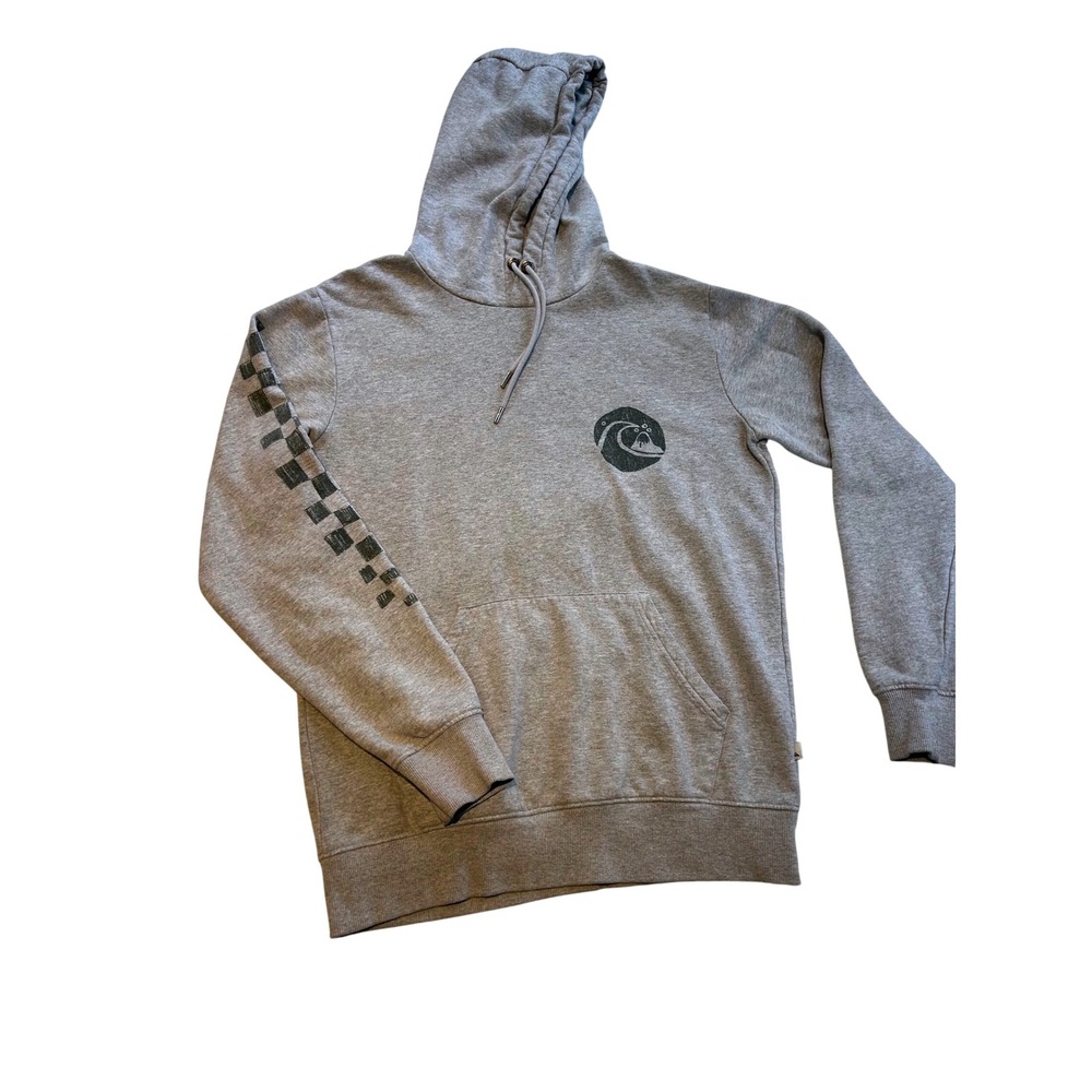 Quiksilver Mens Heather Gray Graphic Hoodie Checkered Sleeve Logo Pullover M